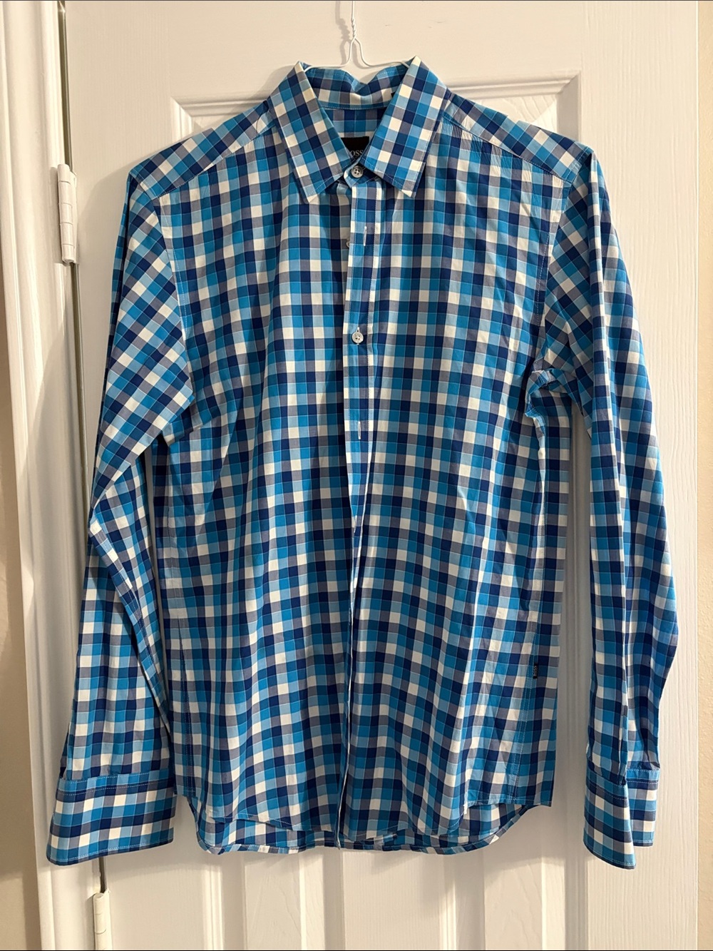 Boss Men's Blue and White Plaid Button-Down Shirt